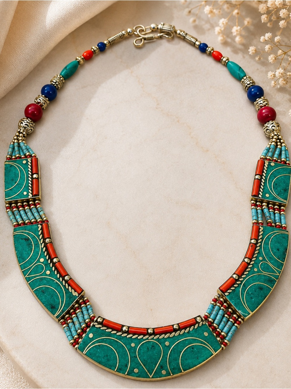 423. Vintage Nepalese Tibetan Turquoise Mosaic Brass Bib Statement Necklace 20”